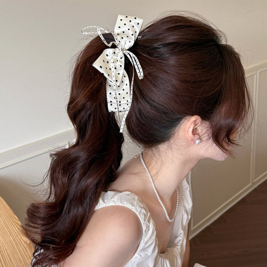 51# white polka dot bow banana clip-13cm