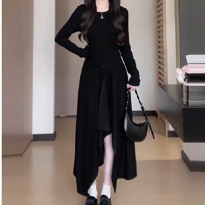法式赫本风不规则黑色连衣裙子女春秋季2025年新款小个子气质长裙|undefined