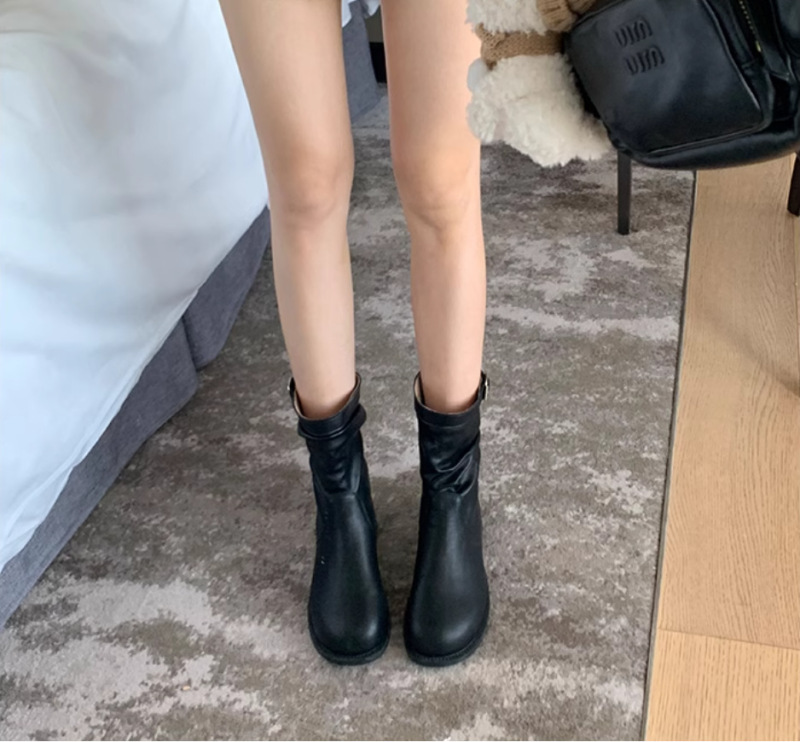 牛皮版~葡萄妈同款褶皱绒面马丁靴女粗跟真皮复古堆堆靴子小短靴|undefined