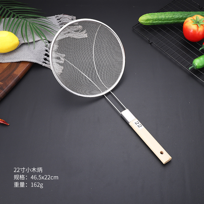 Mango de madera de acero inoxidable gran filtro de malla larga filtro de malla comercial de alimentos fritos tamizado olla caliente para pescar fideos cucharada grande