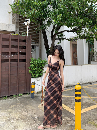 French Retro Gingham Strappy Dress for Women - Summer New Arrival Slimming Sheath Midi V Neck Net Sheath A Line Bustle Dress