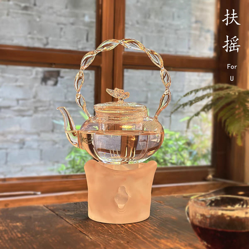 Glass Pink Butterfly Button Lid Flower and Grass Handle Thickeneded Heat-Resistant Glass Teapot Handmade Pink Flower Teapot