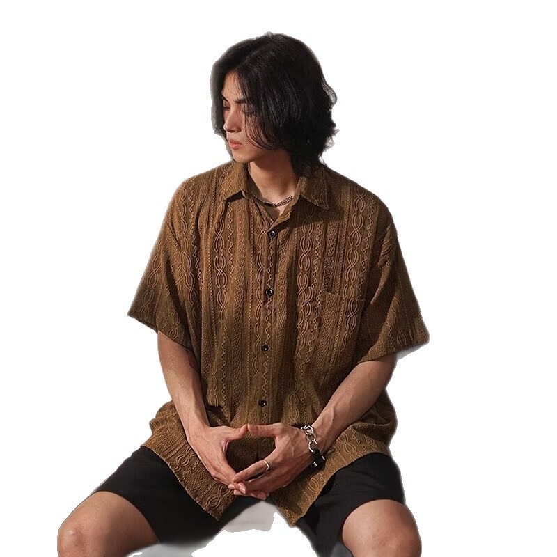 [Exclusively for Cross-Border Trade] Japanese Retro Hollow-Out Short-Sleeve Shirt for Men, New Summer Style, Loose Fit Shirt
