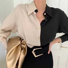 2024秋新款韩国chic气质复古时尚拼色设计单排扣长袖衬衫女上衣