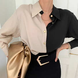 2024秋新款韩国chic气质复古时尚拼色设计单排扣长袖衬衫女上衣