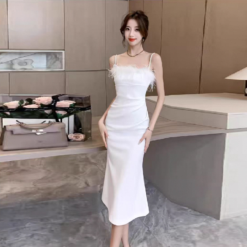 Amazon Cross-border Socialite Elegant Strapless Feather Evening Dress Women's Slim-fit High-grade Sexy White Sling dress