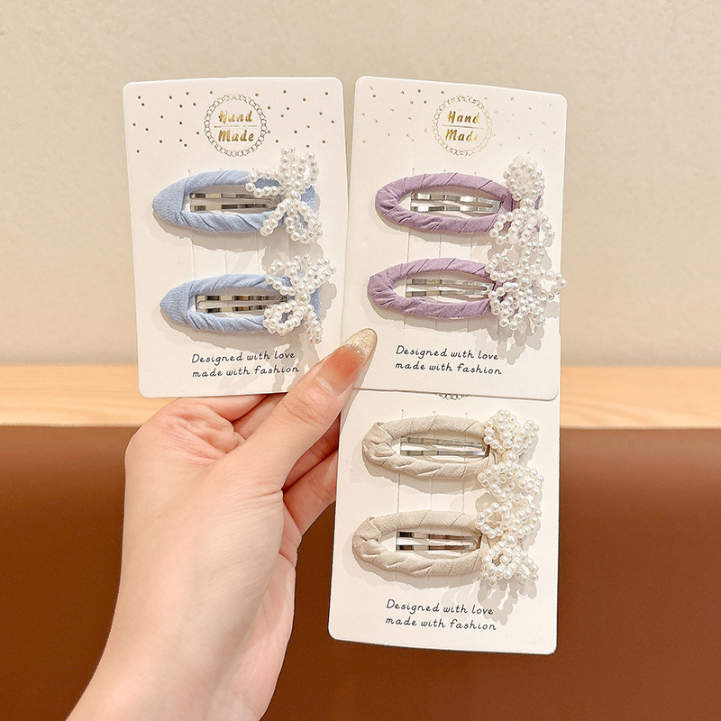 Nuevo encaje de primavera y verano, lazo de perlas, clip de BB, clip lateral de cabello roto, horquilla para niños, temperamento, todo fósforo, horquilla, tocado