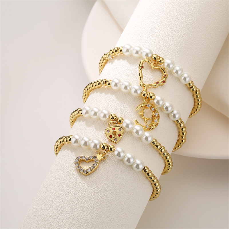 Casual Moon Heart Shape Copper Beaded Pearl Inlay Zircon Bracelets 1 Piece