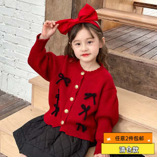 [Clearance Item] New Year Edition ~ Sweet Red Bow Knit Sweater for Baby Girls with Core-Spun Yarn Knit Jacket