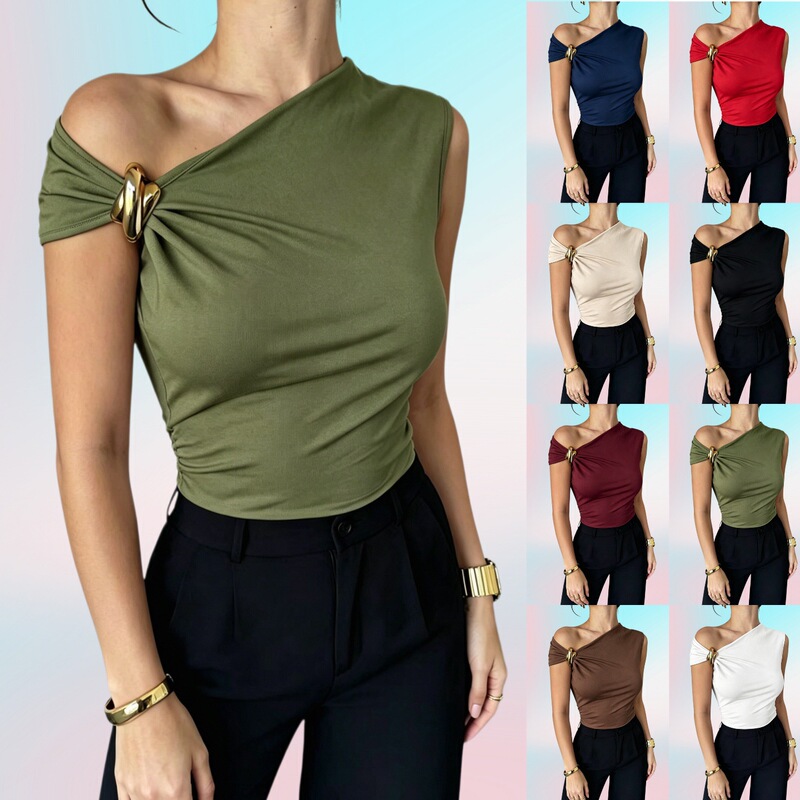 In-Stock Cross-Border 2026 Summer New Product: Elegant and Simple Sleeveless Top with Metal Ring Design, Solid Color, Slim-Fit Vest