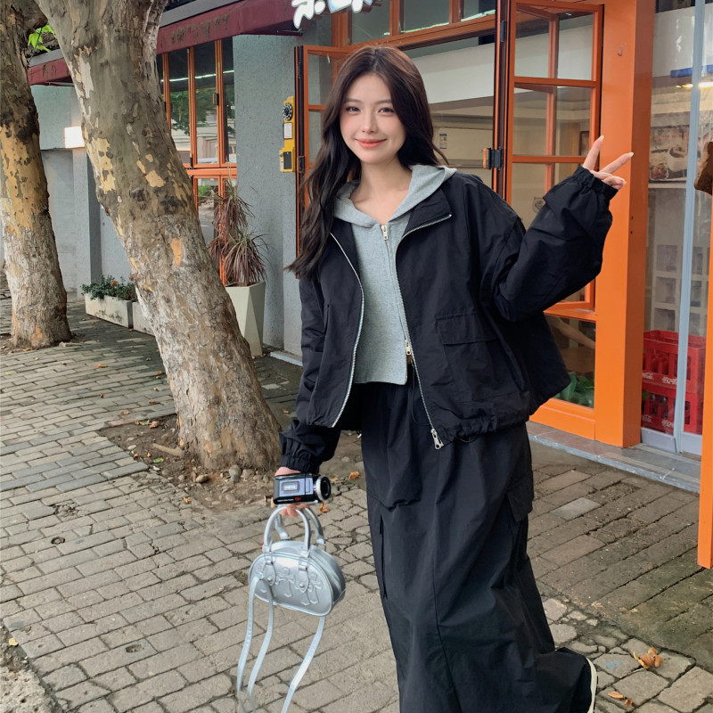 黑色长袖上衣半身裙套装女2025春秋高级感赫本风工装连衣裙两件套|undefined