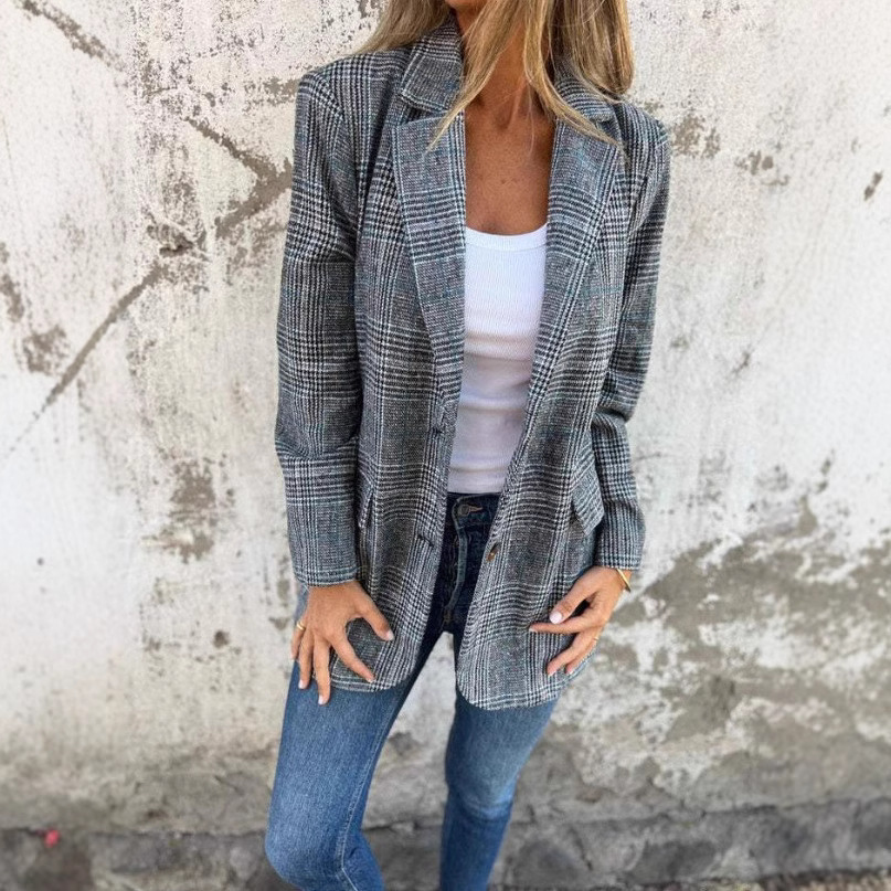 Saco Blazer con Estampado Pata de Gallo de Poliéster con Solapa para Otoño e Invierno