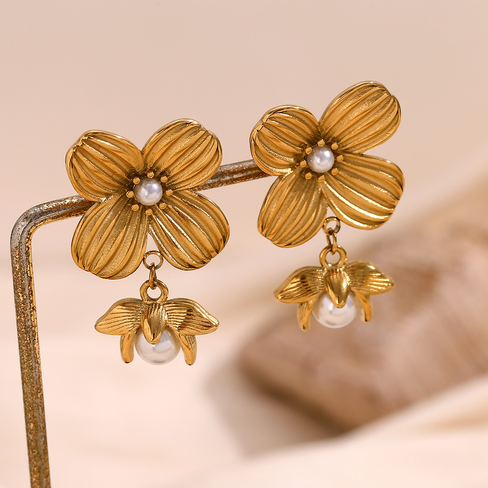 Flower Stitching Imitation Pearl Stainless Steel Earrings