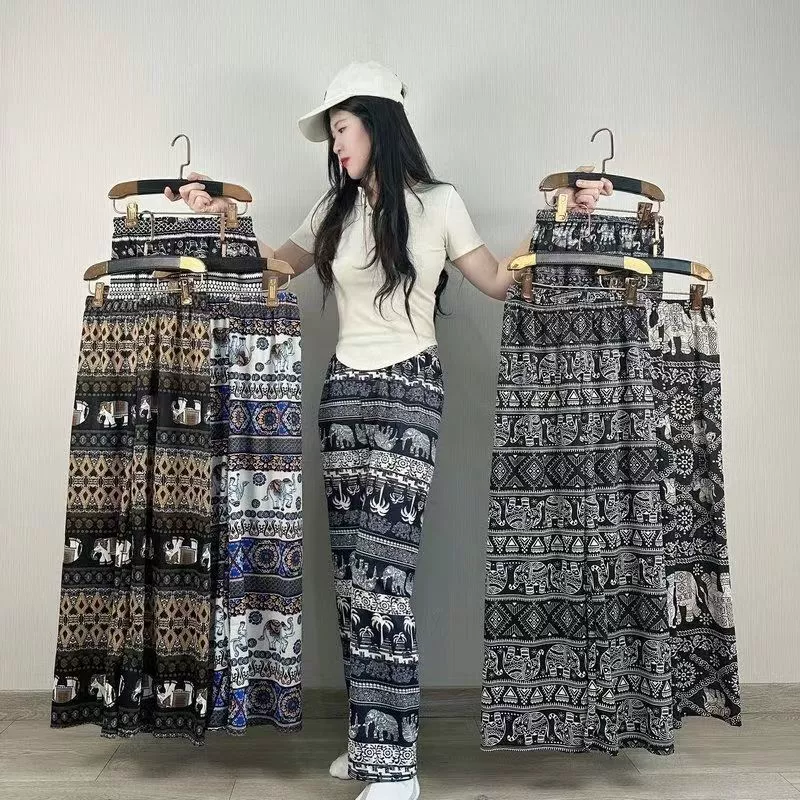 Универсальные повседневные свободные драпированные тонкие стильные женские летние укороченные брюки из ледяного шелка в этническом стиле с тайским слоном