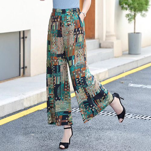 Women's Summer Thin Cotton Silk Straight Leg Pants for Plus Size, Slimming, Middle-Aged and Elderly Mothers, 9/10 Length Casual Long Pants