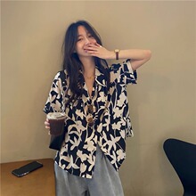 小个子盐系复古桔梗花朵印花衬衫女港味复古超火短袖心机上衣夏季