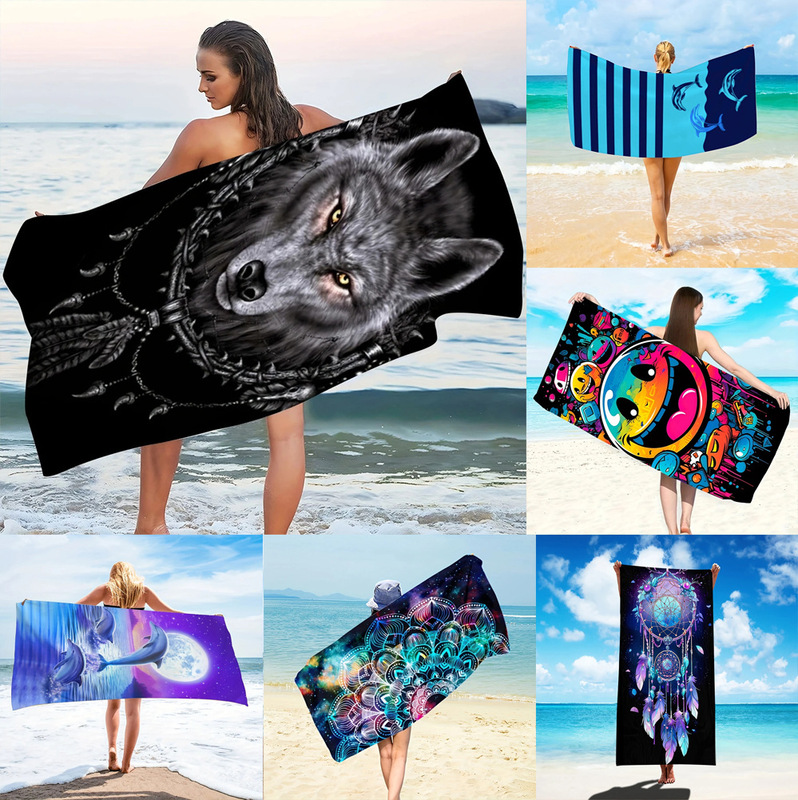 Can Be Shipped on Behalf of the Store Wolf Pattern Beach Towel Bathroom Microfiber Quick-Drying Bath Towel Camping Style Anti-Sun Shawl Yoga