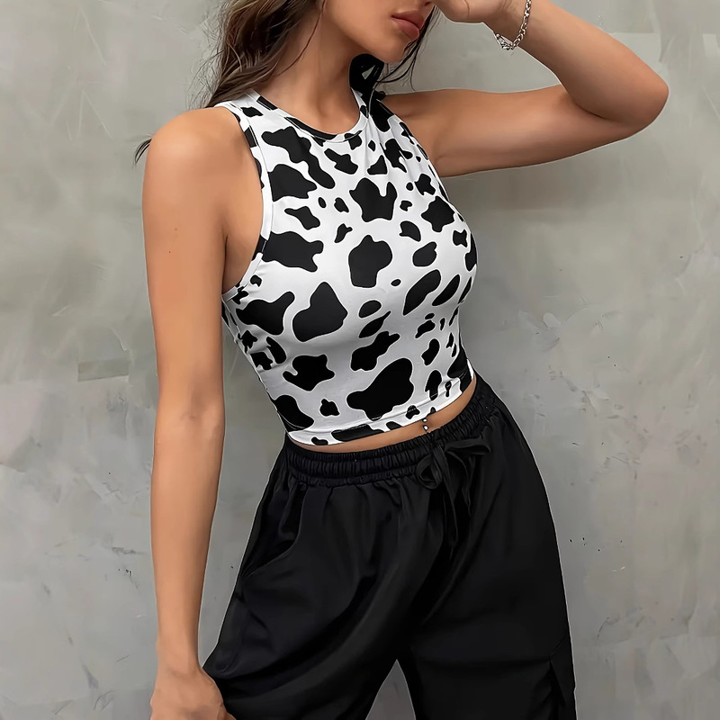 Women's Sleeveless Vest Cow Texture Pattern 3D Digital Printing Street Fashionable Round Neck Casual Top Export Style