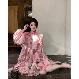 沐光爱语 法式茶歇裙女春夏甜美碎花度假风小众仙女裙扎染