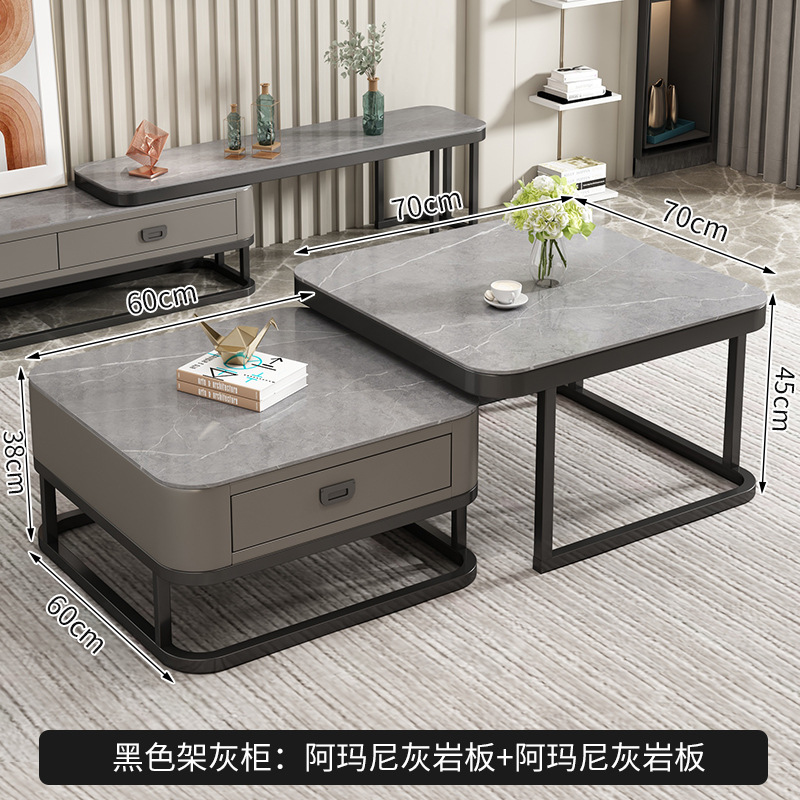 Mesa de té personalizada moderna simple sala de estar pequeña mesa de té casera cuadrada de vidrio templado tablero de roca de lujo ligero