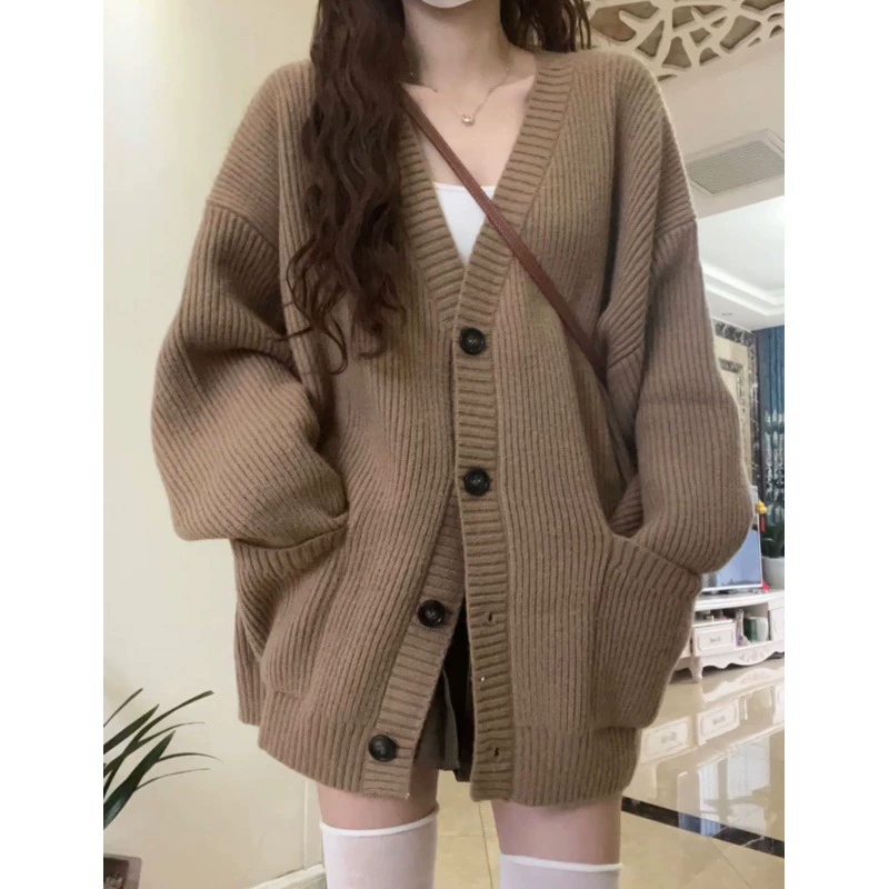 Вязаный осенний свитер, кардиган, куртка, корейский стиль, стиль Chanel, свободный покрой, V-образный вырез