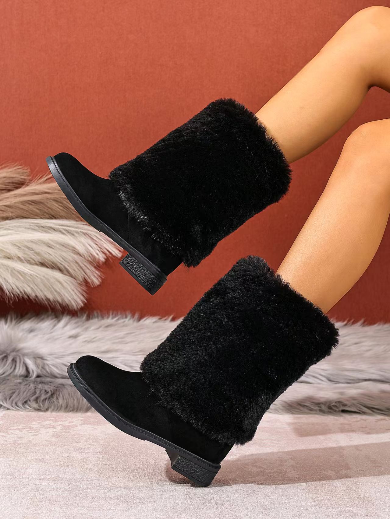 Botas de neve para mulher em camurça forradas com lã quente_voghion.com