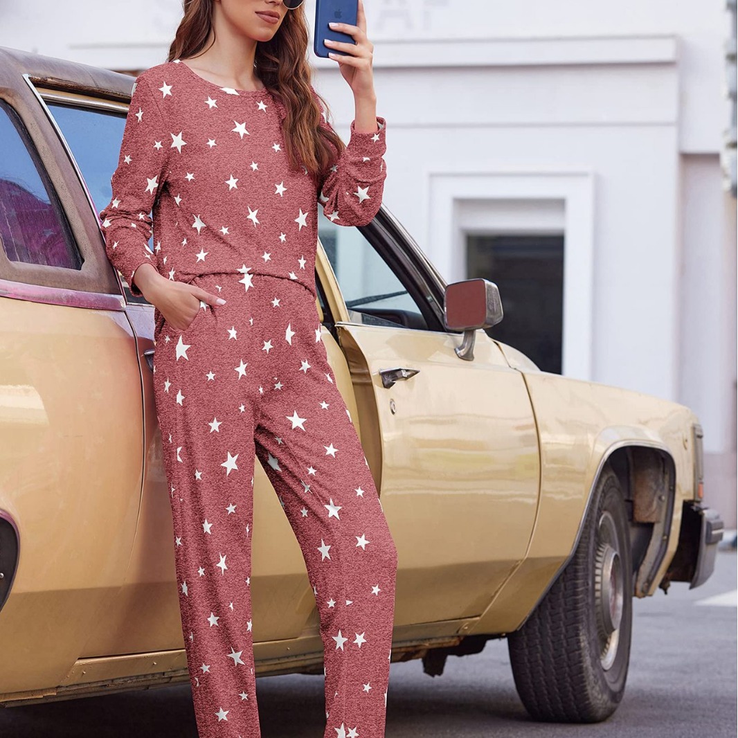 Nuevo traje europeo y americano independiente de Amazon, pantalones de manga larga, ropa para el hogar, estampado de otoño e invierno de dos piezas, venta al por mayor transfronteriza