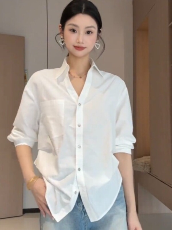 捏褶收腰长袖白色衬衫女早秋2025新款外穿显瘦翻领衬衣设计感上衣|undefined