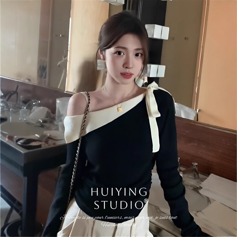 6185# French Beautiful Black Slant Shoulder Open Shoulder Knitted Top Women's Autumn New Inner Base Shirt Niche