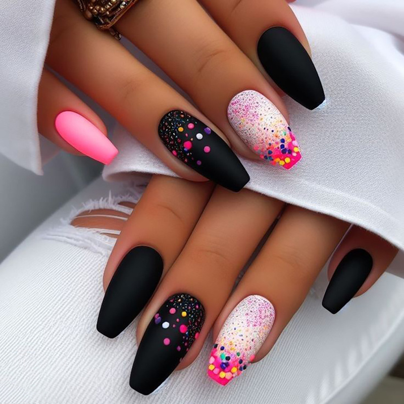 Mid-length ballet-shaped fake nails mixed color pink gradient and multi-color polka dot case European and American sweet ins style