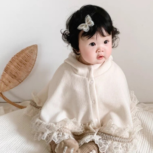 2025 New Spring and Autumn Infant Girl Baby Lace Shawl Cloak Hooded Open Buckle Princess Style Coat