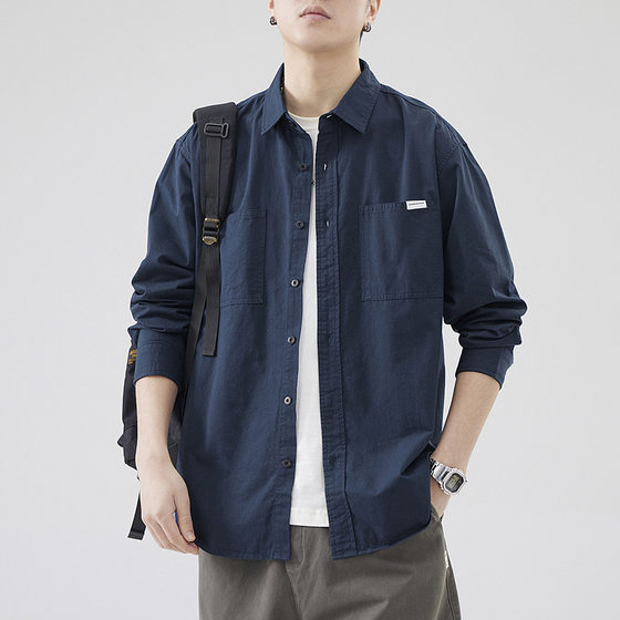 LKTM Men's# Japanese Simple Tooling Long-sleeved Shirt Men's Spring New Ins Teenager All-match Shirt Jacket