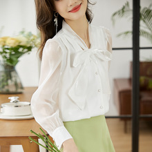 实拍色欧货气质显瘦纯色领欧根纱系带单排扣长袖雪纺衬衫女春