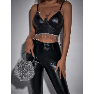 Corset European and American Pu Metal Chain Tassel Nightclub Dance Sexy Slim Corset Top Suspender Women 	 27028