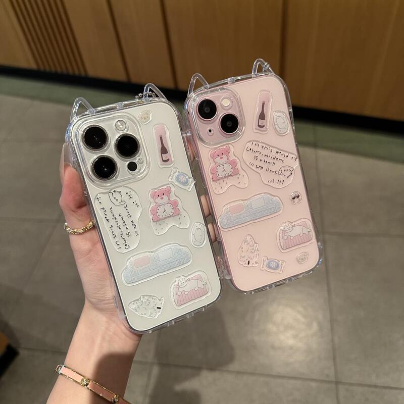 Fun Cat Ear Stickers Suitable for iPhone 17 Pro Max Phone Case 16 Pro Creative Tpu Transparent Precision Hole Case