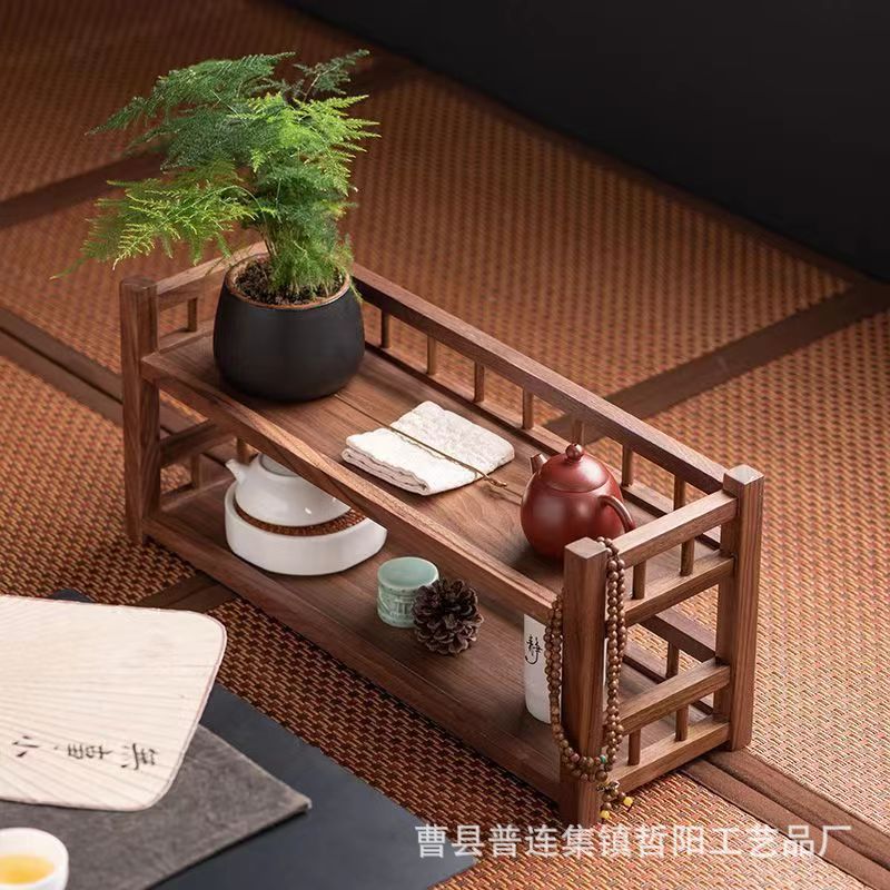 검은 호두 나무 저장 랙 단단한 나무 차 세트 저장 랙 티 컵 랙 가정용 간단한 전시 랙 주전자 디스플레이 랙