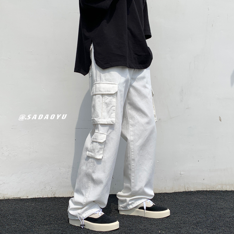 White Tooling Pants Men's Korean-style Fashionable Loose Straight Pants Summer Trendy Brand ins High Street Casual Floor Pants