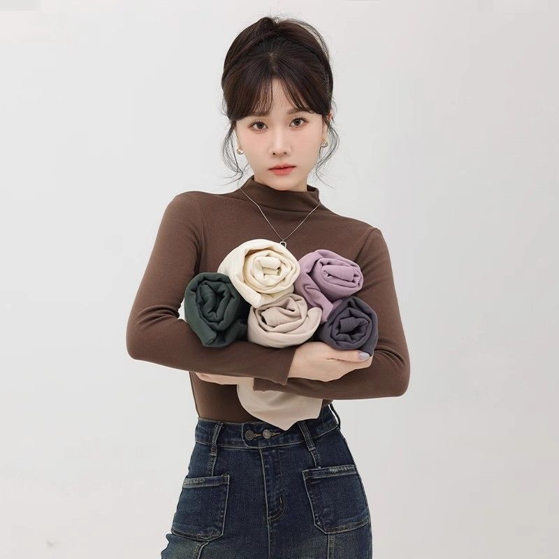 Pesado con camisa de terciopelo de doble cara multicolor de terciopelo caliente camiseta de fondo de cuello medio alto camiseta de manga larga de moda femenina image 1