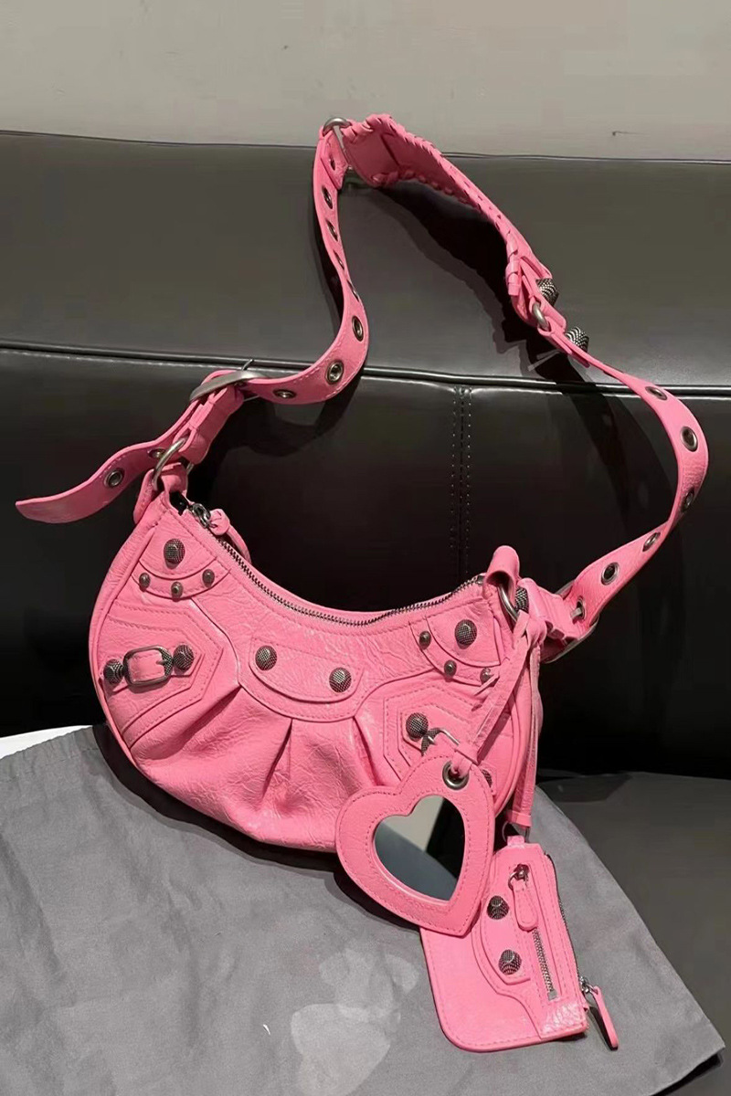 2024 New Mini Motorcycle Bag Underarm Bag Studded Tassel 3-In-1 Crescent Pleated Cowhide Shoulder Crossbody Bag For Women - Thumbnail 7