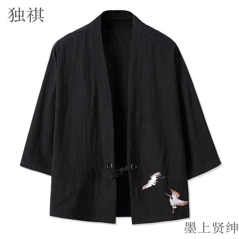Chinese-style men's three-quarter sleeve Tang suit Hanfu summer thin loose cardigan linen top