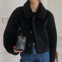 现货 韩国chic 冬季复古机车皮毛一体两面穿羊羔毛外套女
