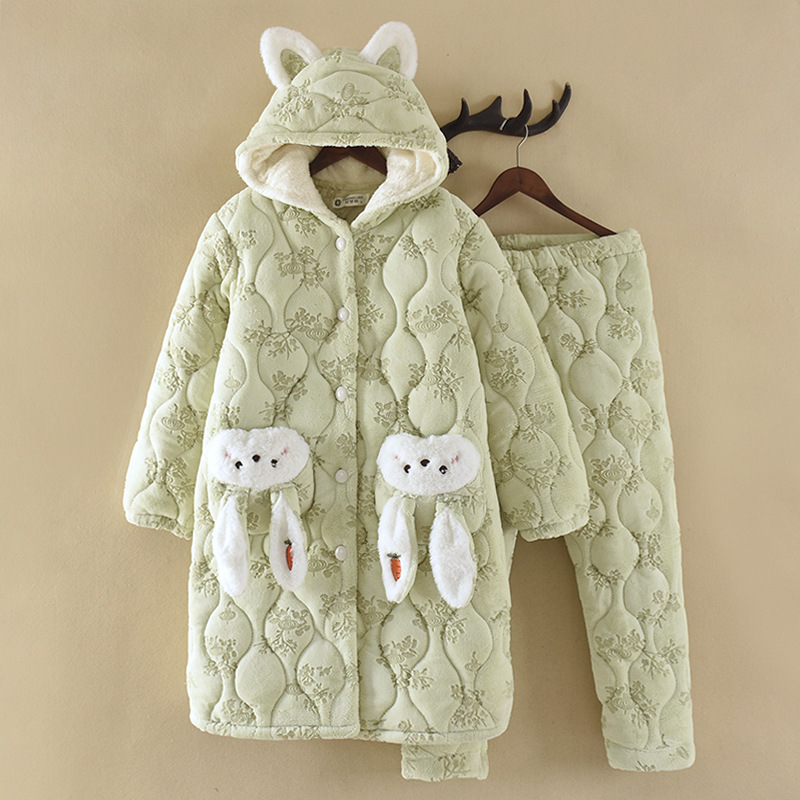 pajamas women‘s winter three-layer coral fleece quilted fleece lined padded warm keeping cotton-padded mid-length nightgown homewear bathrobe