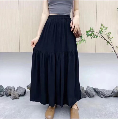Cotton crepe half-length skirt, long dress print, simple casual maxi skirt, summer loose-fitting, slimming, elastic waist, three-piece skirt