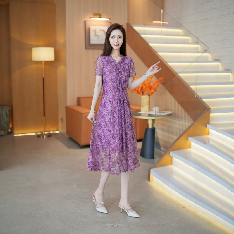 43 Printed Chiffon Dress for Middle-Aged Moms, 50-Year-Old Aunt, Mother's Day Summer 2026 New Plus-Size Women's Dress