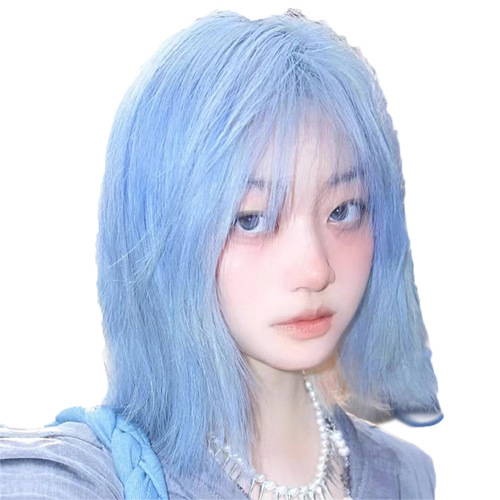 Blue wavy bob hairstyle, shoulder-length, full head costume, colorful subculture, cool Lolita, Y2K