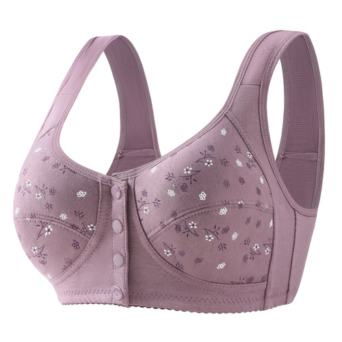 New printed front button underwear, women's soft cotton vest style bra for middle-aged and elderly people, large size non-wired underwear for women