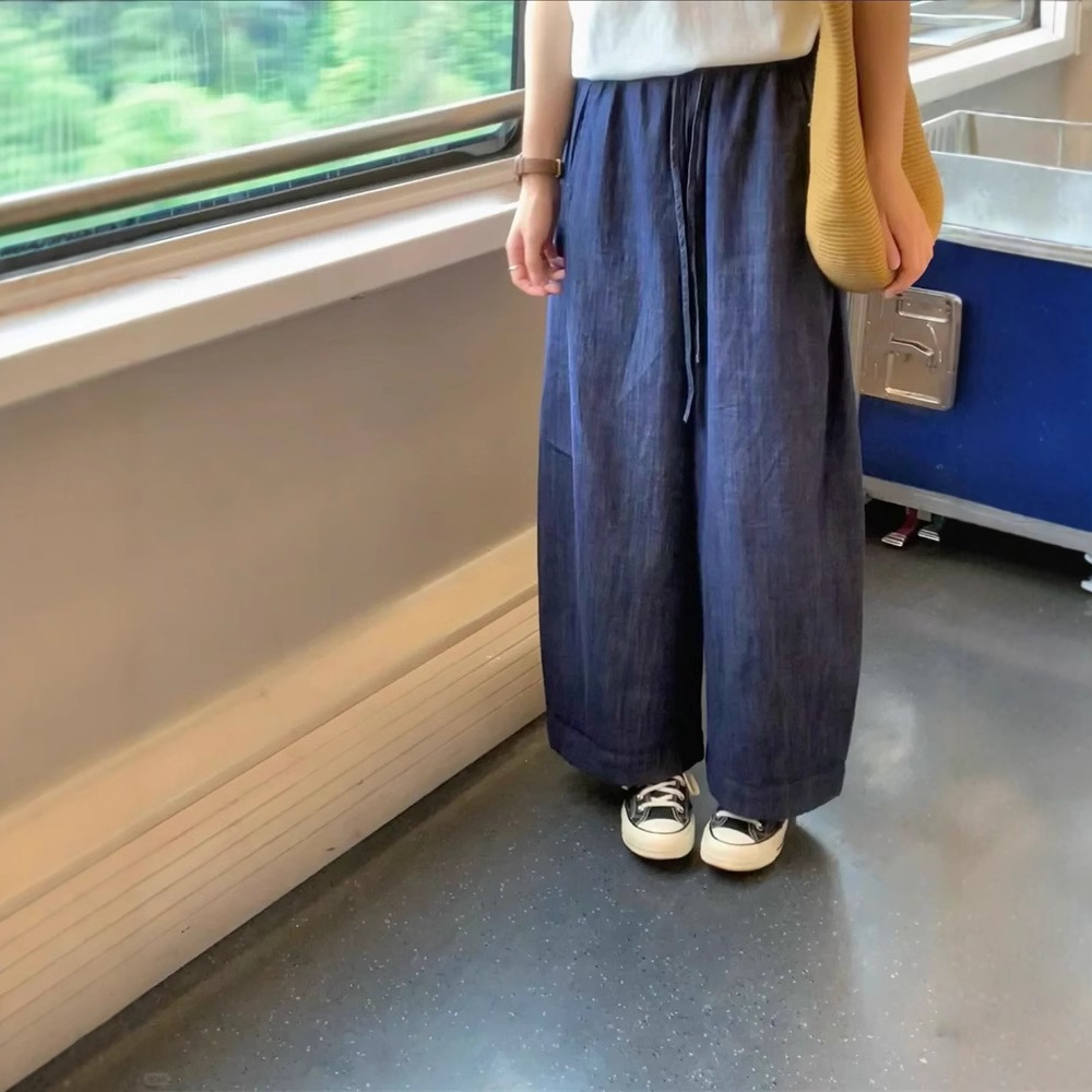드로우 스트링 리넨 청바지 여성용 25 여름 새로운 얇은 느슨한 슬림 넓은 다리 캐주얼 바지 안티 페이드 할머니 바지