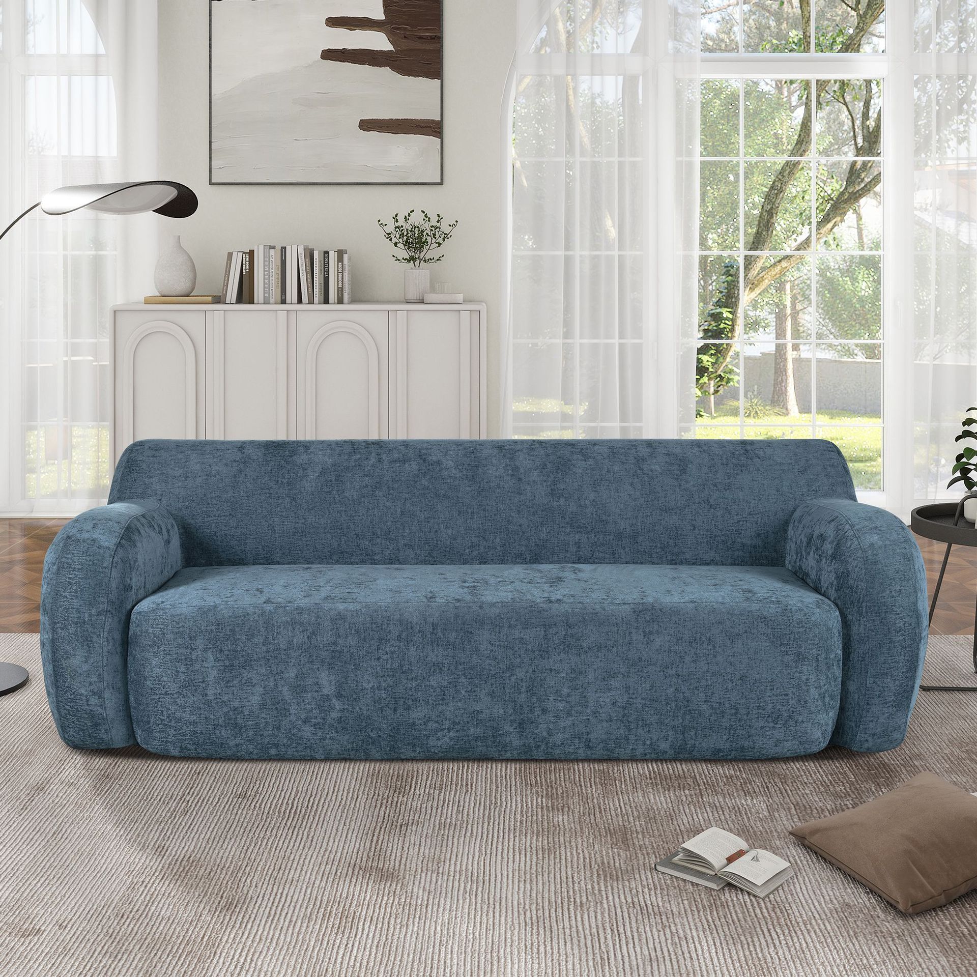 Art de arena minimalista para la sala de estar doméstica, suelo moderno y pequeño sofá de tela de casa simple