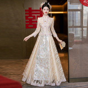 Xiuhe Wedding Dress New Style Spring and Summer Wedding Bride Champagne Color New Chinese Style Wedding Dress Heavy Industry Luxury Toast Dress Dress