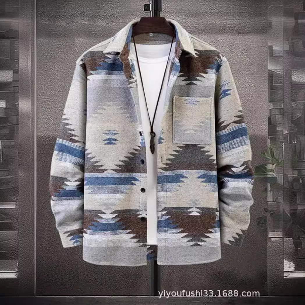 Amazon 2023 Otoño e Invierno Nuevos hombres europeos y americanos de un solo cuello de pecho patrón geométrico Jacquard abrigo de lana de los hombres de cercanías